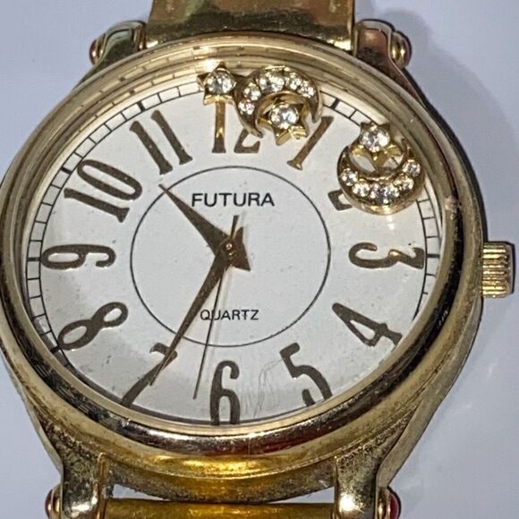 Futura Women's Gold Tone Floating Rhinestone Leather Band Quartz Watch OS - Picture 5 of 13
